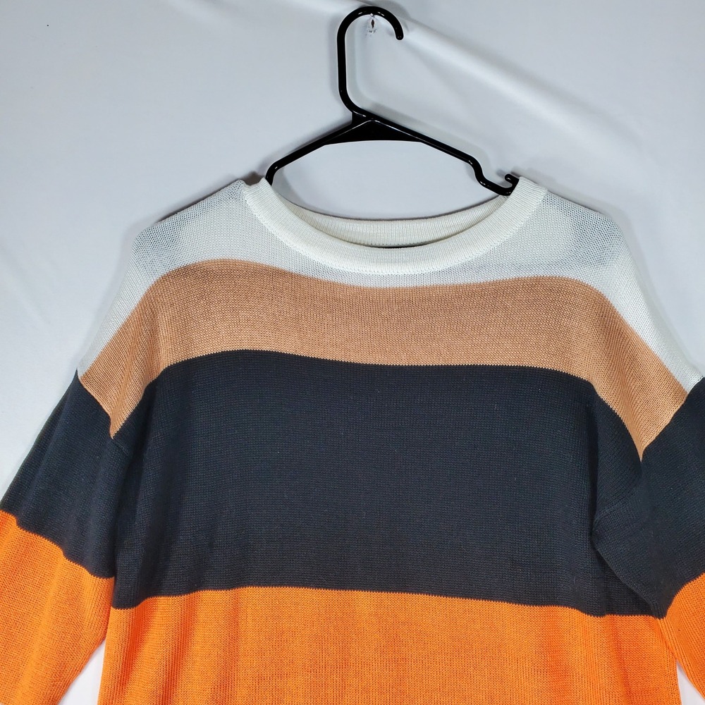 Dokotoo Womens Striped Knit Sweater Orange Black White Drawstring Hem Large